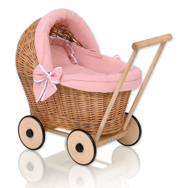 Carucior pentru papusi My Sweet Baby, din ratan natural, cu lenjerie, roz, 48x31x51cm