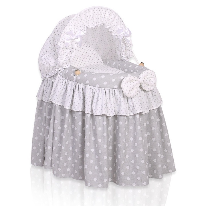 Carucior pentru papusi, My Sweet Baby, cos Moise, 100% bumbac, 50x32x69cm, gri, set cu perna si patura