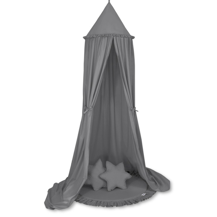 Комплект памучен балдахин, My Sweet Baby, 260 см, 2 възглавници със звезди, волфирано килимче, антрацитно сиво