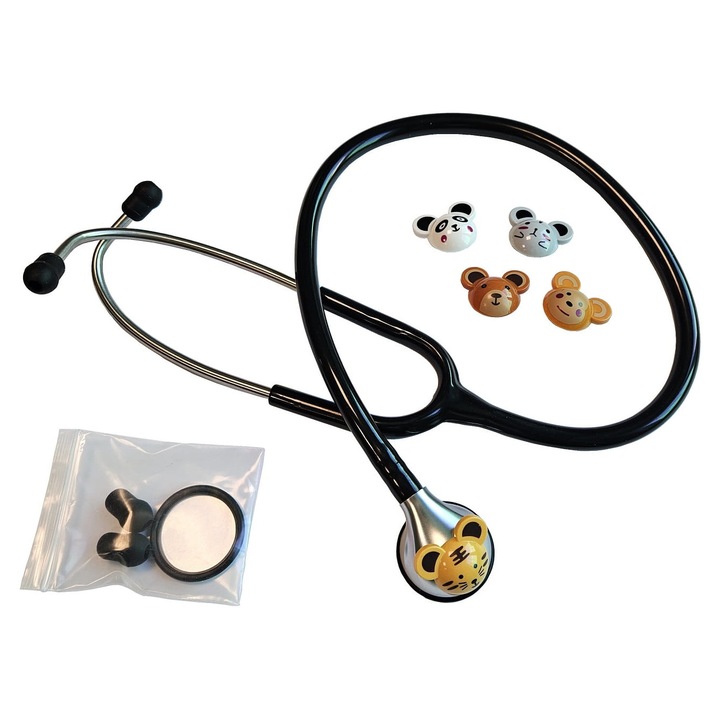 Stetoscop medical pentru copii Ratujesz HS-30Q, negru, cu capete interschimbabile animale