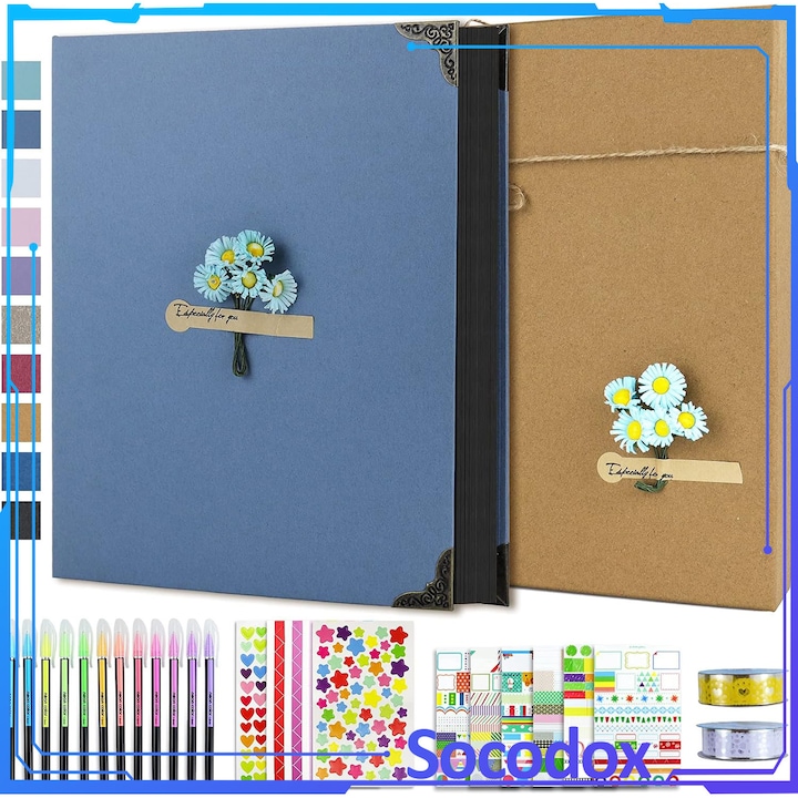 Комплект креативни фотоалбуми, Aveek, 80 страници, Картон/Метал, Направи си сам албум за спомени, Съдържа химикалки, лепящи ленти и стикери, подходящ за годишнини, пътувания на двойки, 227x220x48 мм, Бял