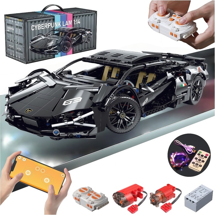 Set de constructie, HaploS®, masina sport, cu telecomanda, Cu lumina, 1314 piese, 36x16.5x8cm, Negru