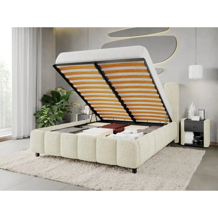 Pat Tapitat Bari, cu Somiera Rabatabila si lada, 140x200, Alb/Coral 15