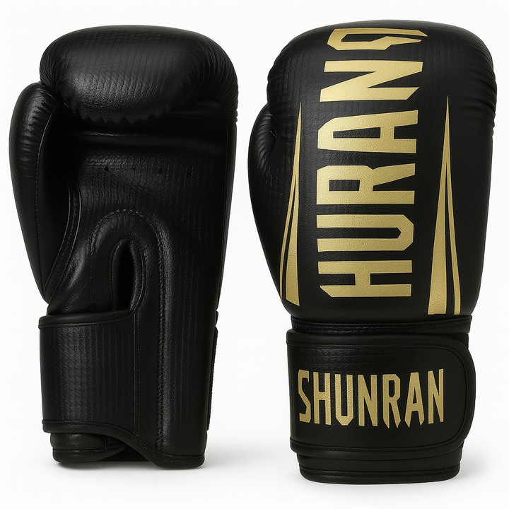 Gyerek boxkesztyű, edzősködéshez, tartós PU, ütéscsillapítás, szellőző, tépőzáras, uniszex, 170 ml, fekete/arany