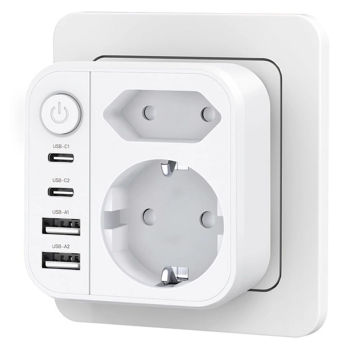 Extensie priza Excitat@, 6 în 1, 2 prize, 3 x USB-A, 2 x USB-C, 3680W/16A, Alb