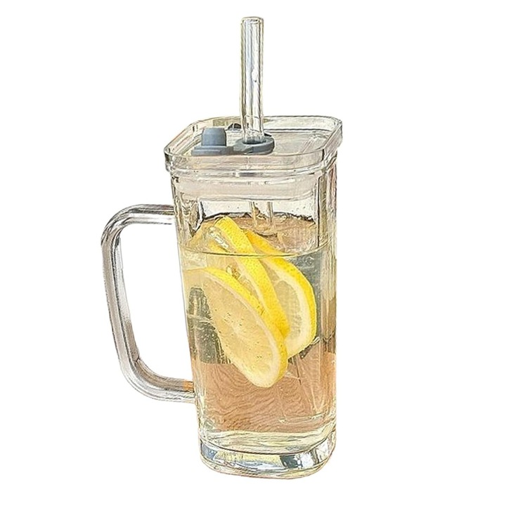 Чаша Flippy, Сламка и дръжка, Минималистичен дизайн, 330 мл, Стъкло, Прозрачна