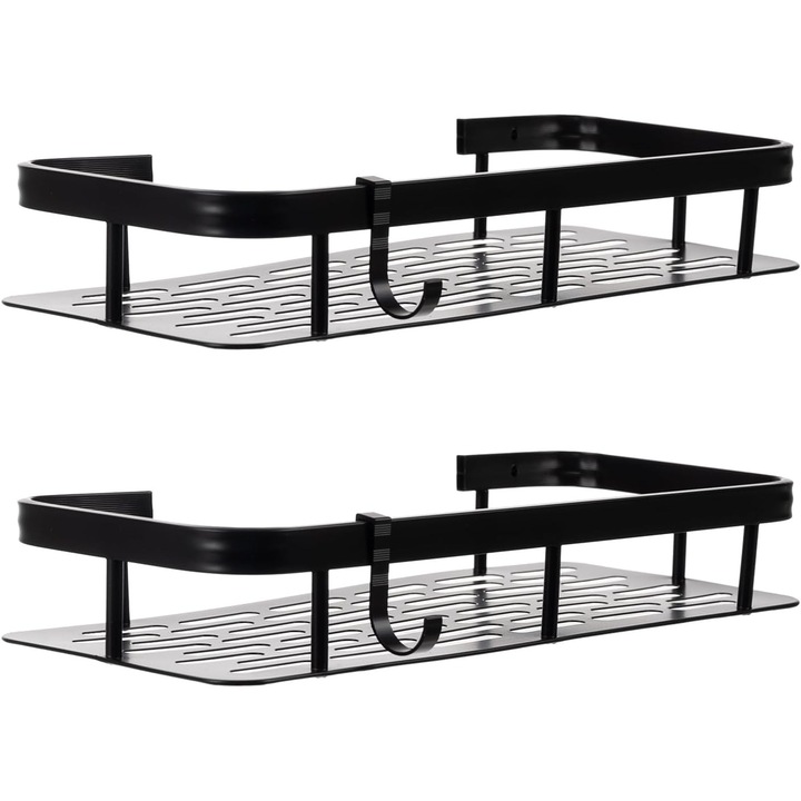 Set etajere de baie Ayawaska, aluminiu, 2 rafturi, montaj fara gaurire, negru, 30x13x4.7cm