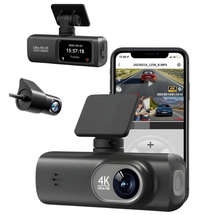 V22 QOVU 4K első 2K belső / hátsó DVR fedélzeti kamera, WiFi és dedikált alkalmazás, ütközésérzékelő, 170°-os ultraszéles látómező, autókamera éjjellátóval, GPS-szel és opcionális 24 órás parkolásfigyeléssel