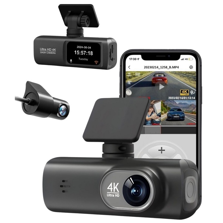 Camera de bord DVR V22 QOVU® 4K Fata 2K Interior / Spate, WiFi & Aplicatie dedicata, Senzor coliziune, Camp vizual ultra-larg de 170°, Camera de masina cu vedere nocturna, GPS & Monitorizare 24H parcare optional