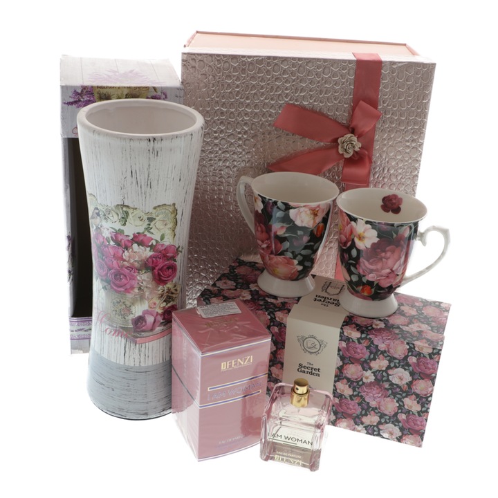 Pachet cadou Secret Garden cu parfum, vaza si cani