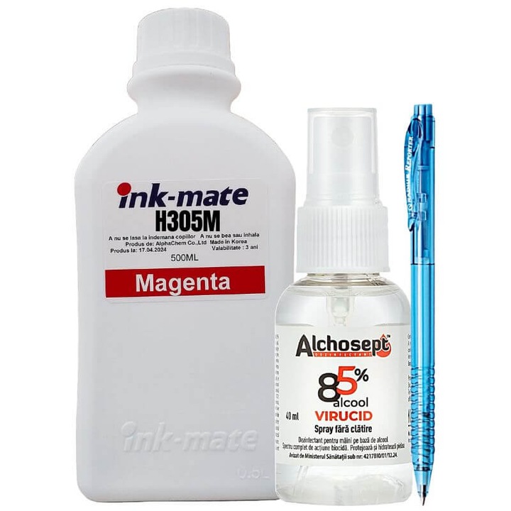 Set Flacon Cerneala Ink-Mate Compatibil HP305, 1x500ml 3YM60AE Magenta, Dezinfectant ALCHOSEPT 40 ml si Pix Radius