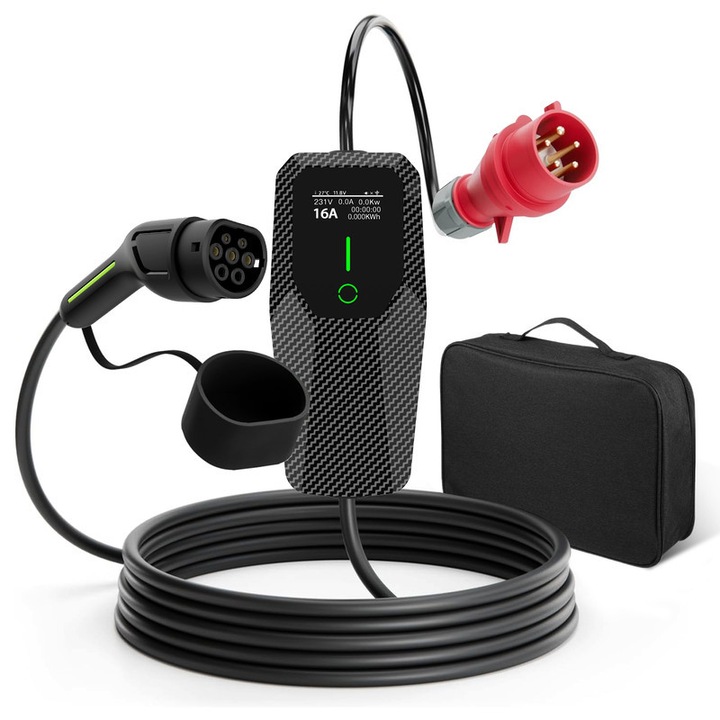 Statie portabila de incarcare masini electrice, AWESAFE, Tip 2, 11kW, 16A, 5 metri, 3 faze, CEE, Curent reglabil (6A / 8A / 10A / 13A / 16A), timp reglabil, Stecar UE, cu afisaj digital LED