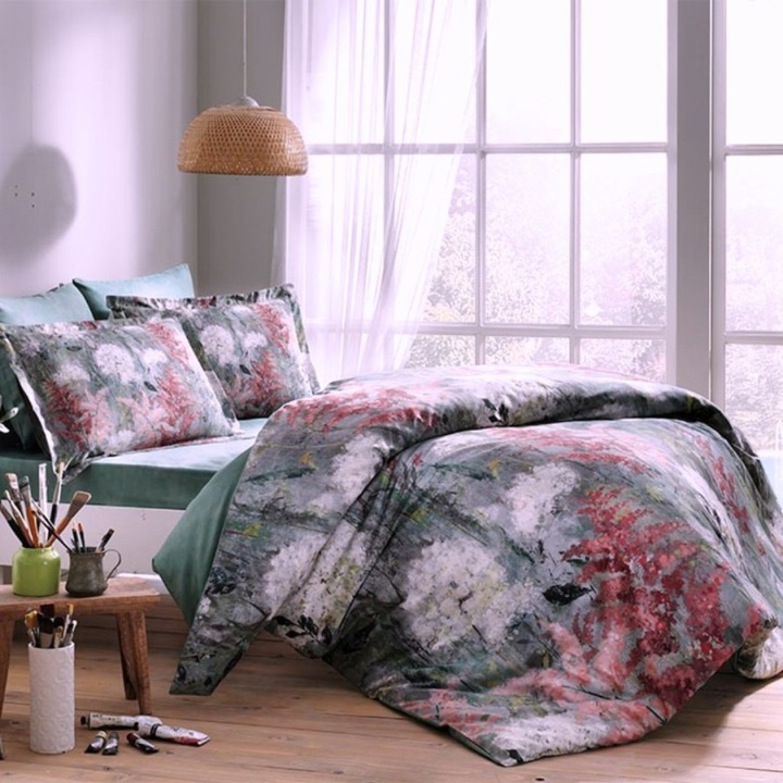 Francia ágyneműhuzat festett virágokkal, 100% szatén pamut, digitális nyomtatással, 6 darab, 240x260 cm, Tac Delux Digital, Agata