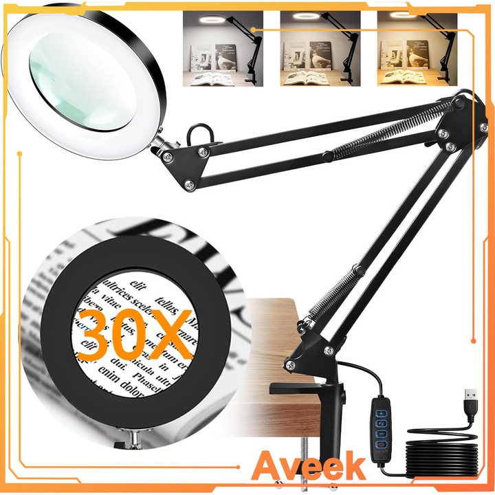 Lupa de masa cu LED, Aveek, 30x, Brat telescopic reglabil, 3 Moduri iluminare, Lampa cu 10 niveluri de luminozitate, pentru citire si realizarea de meserii, Sticla/Aliaj de aluminiu, Negru