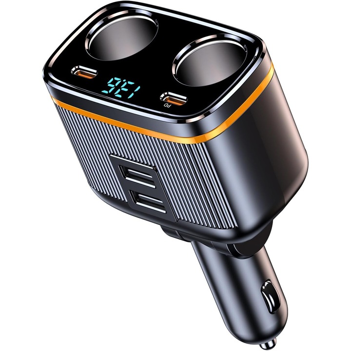 Адаптер за кола, Dussdote, 145W, PD45W, 2x контакт за кола, 2 x USB, 2 x USB-C, дисплей за напрежение, оранжев/черен