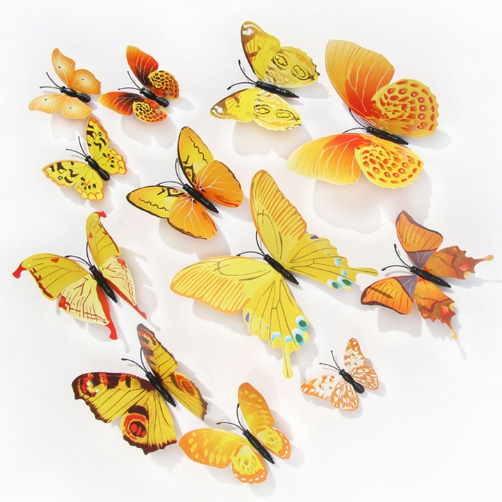 Set 48 Sticker decorativ fluturi, ZGGZERG, Magnetic, 3D, Rezistent la Zgarieturi, Aplicare Usoara si Rapida, Pentru perete, geam, mobila, PVC, 6cm, Galben