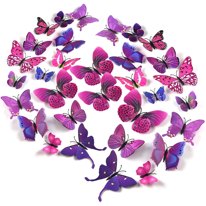Set 48 Sticker decorativ fluturi, ZGGZERG, Magnetic, 3D, Rezistent la Zgarieturi, Aplicare Usoara si Rapida, Pentru perete, geam, mobila, PVC, 6cm, Roz inchis