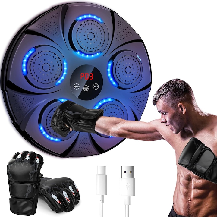 Електронна музикална боксова круша, Bluetooth връзка, За деца и възрастни, Боксови и фитнес тренировки, Включени ръкавици, USB зареждане, Черен