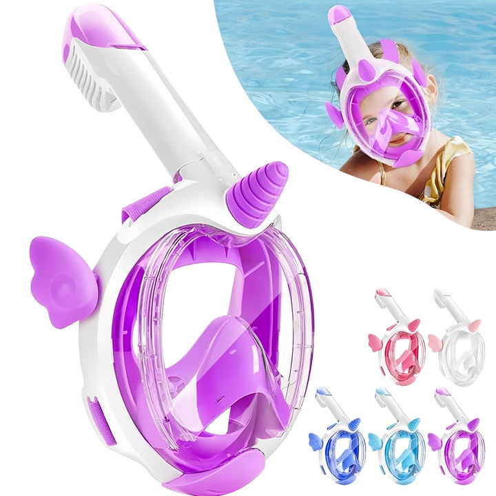 Masca de snorkeling pentru copii, RorAem, design cu vedere panoramica 180, anti-ceata anti-scurgeri cu flux dublu de aer, pentru varste intre 3-15ani, Mov