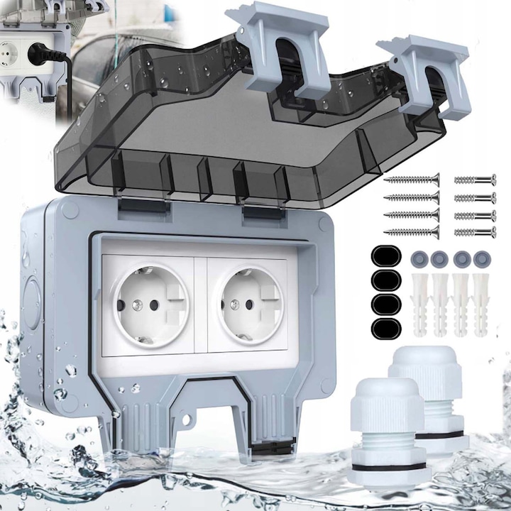 Priza dubla impermeabila exterior, 2 orificii, IP66, Gri/Alb