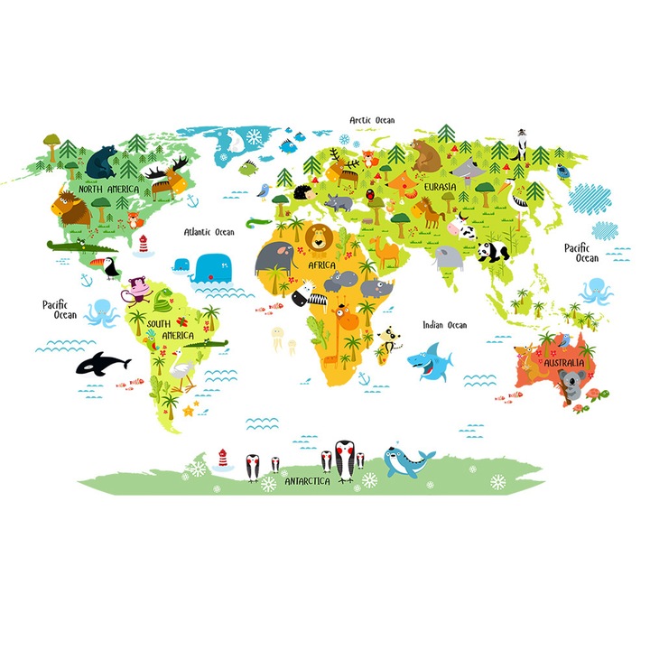 Stickere decorative Sticker Decorativ de Perete pentru Copii, Harta Lumii Educativa cu Animale si Continente, Autocolant PVC, Dimensiune Finala 108 x 65 cm, Multicolor