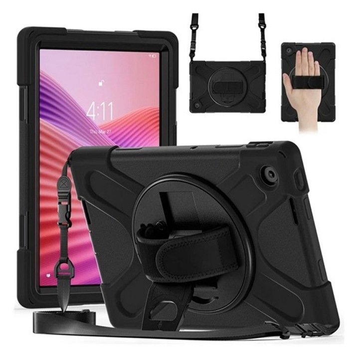 Gigapack defender műanyag tabletvédő, ütésállóság, kitámasztó, 360° + kézpánt, vállpánt, fekete, kompatibilis: Lenovo Tab 10.1, TB-311FU