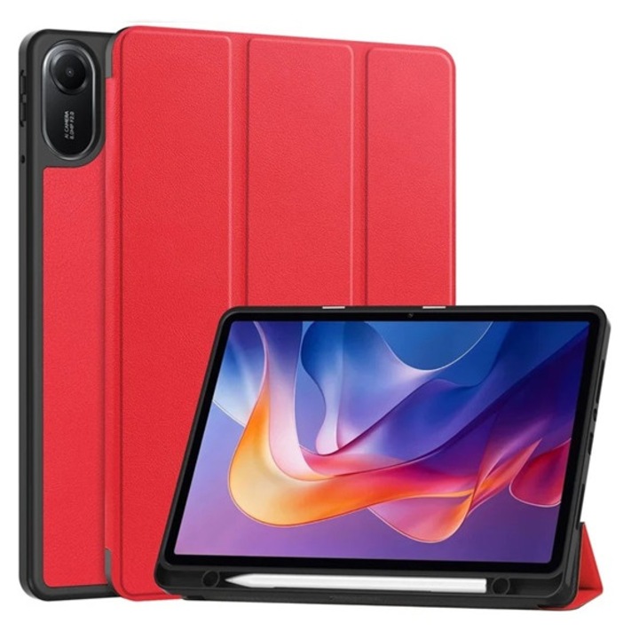 Gigapack tabletvédő álló, bőr hatású, aktív flip, oldalra nyíló, trifold, asztali tartó, ceruza tartó, piros, kompatibilis: Xiaomi Redmi Pad 2