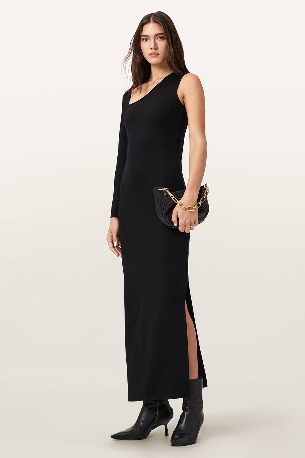 AllSaints, Rochie dreapta cu decolteu asimetric si slit lateral, Negru, 8