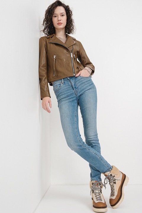 AllSaints, Jacheta biker slim fit de piele Dalby, Caramel