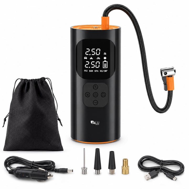 Compresor Auto Portabil 6-in-1 iBLU smart, Utilizare Wireless sau Alimentare Bricheta 12V, 150 PSI, 25L/min, Powerbank, Lanterna 3 Moduri, Display LCD, 4 Moduri Presetate pentru Auto, Moto, Biciclete, Mingi, Baterie 6000 mAh, Husa Inclusa, USB-C, Negru