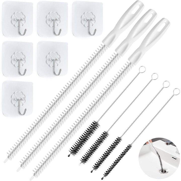 Perii curatare spatii inguste, chiuvete, sifonuri, rigole baie, set 7 bucati