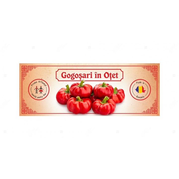 Eticheta borcan gogosari in otet, autoadeziv usor de aplicat, autentic Romanesc, Cri-Flo, dimensiune 54x144 mm