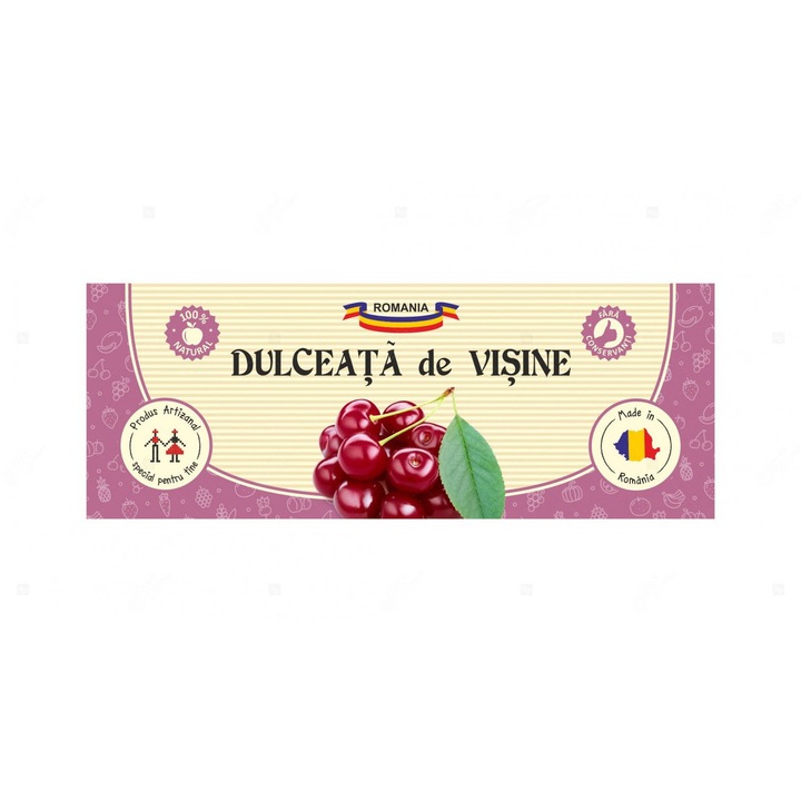 Set 10 Etichete borcan dulceata visine, autoadeziv usor de aplicat, autentic Romanesc, Cri-Flo, dimensiune 54x144 mm