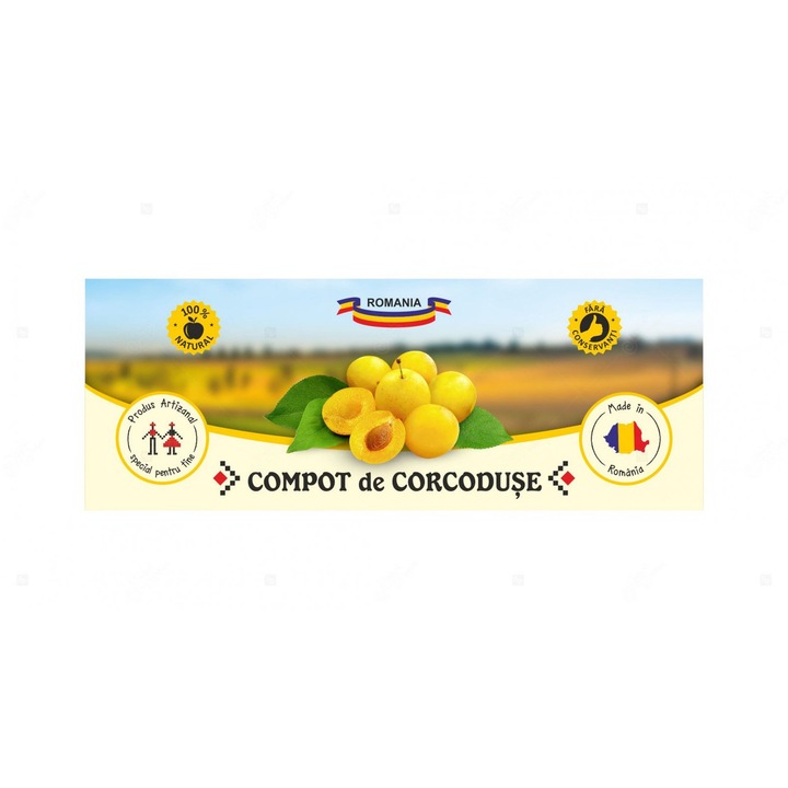 Set 100 Etichete borcan compot de corcoduse, autoadeziv usor de aplicat, autentic Romanesc, Cri-Flo, dimensiune 54x144 mm