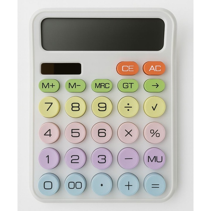 Calculator de birou Karuida alb, solar, 16 x 12.3 cm, taste mari colorate, ecran LCD, alimentare duala
