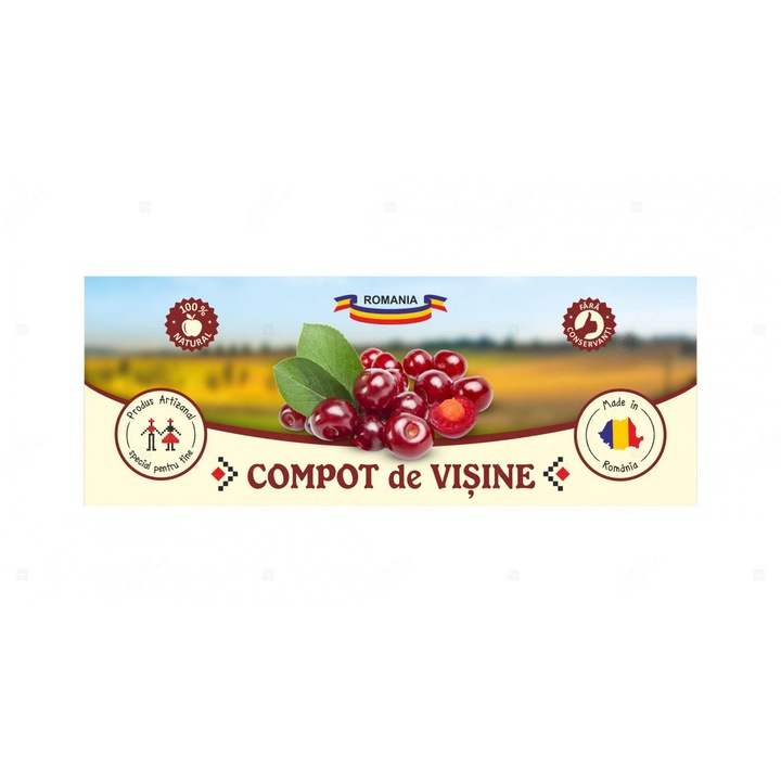 Eticheta borcan compot de visine, autoadeziv usor de aplicat, autentic Romanesc, Cri-Flo, dimensiune 54x144 mm