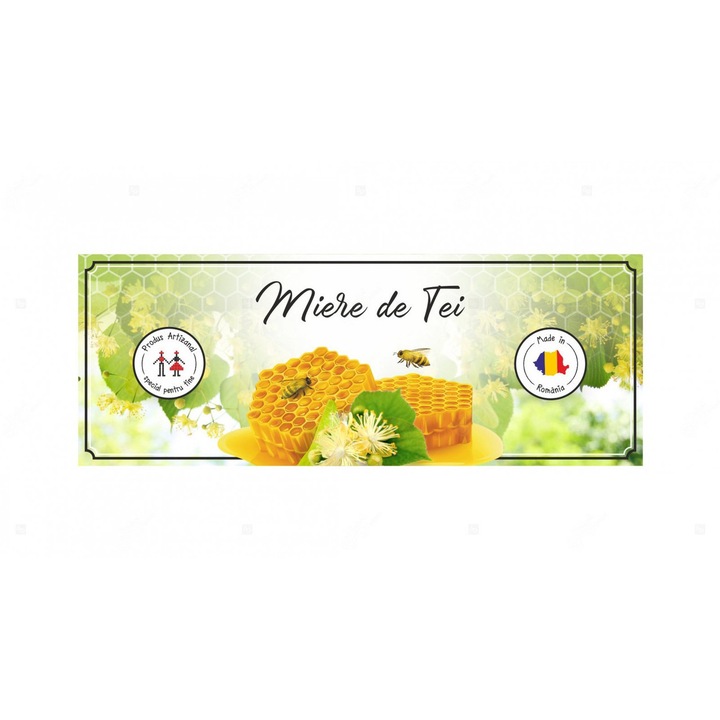 Eticheta borcan miere de tei, autoadeziv usor de aplicat, autentic Romanesc, Cri-Flo, dimensiune 54x144 mm