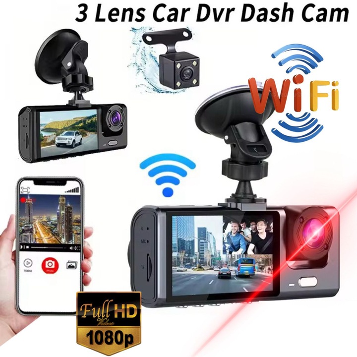 Camera Auto Dash Camera C309 DVR AMYMAT UHD Inregistare in bucla cu Ecran de 2" Inch, Inregistrare Tripla cu camera Marsarier WiFi, Viziune Nocturna, Senzor G, Monitorizare Parcare si Control prin Aplicatie – Protectie Completa pentru Condus Sigur