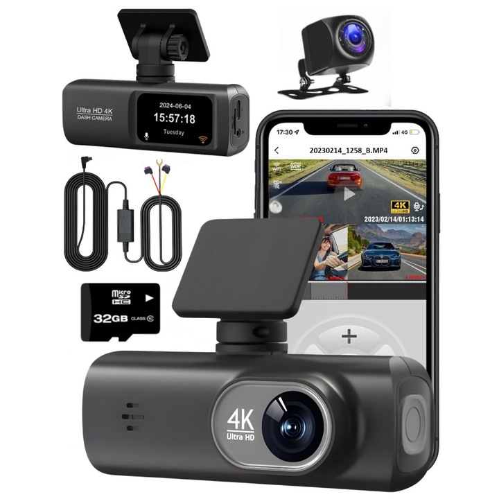 Комплект видеорегистратор DVR V22 QOVU®, GPS, наблюдение на паркирането, 32GB карта включена, 4K отпред 2K отзад, WiFi и специално приложение, 170° ултрашироко зрително поле, цикличен запис и сензор за сблъсък, автомобилна камера с нощно виждане