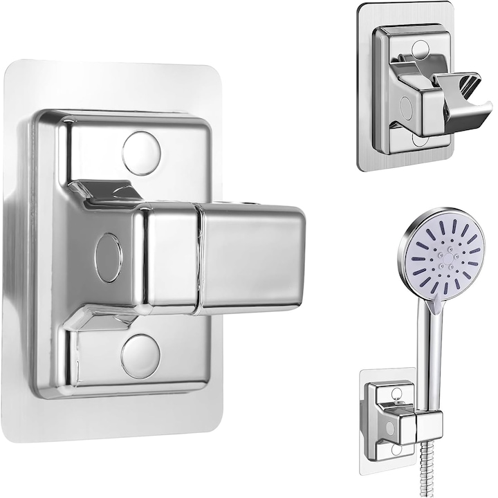 Suport autoadeziv pentru cap de dus Simply Joy, reglabil, ABS, pivotant la 180 de grade, usor de instalat, fara perforare, universal, rezistent la apa si rugina, Argintiu
