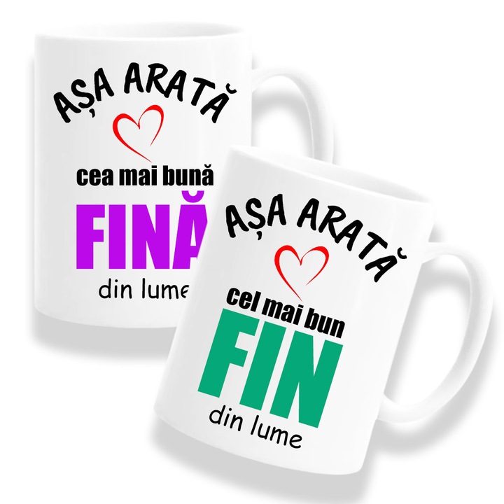 Set 2 Cani personalizate pentru Fini cu mesaj: "Asa arata cea mai buna Fina din lume/Asa arata cel mai bun Fin din lume", Betaprint, 330ml, alba, ceramica