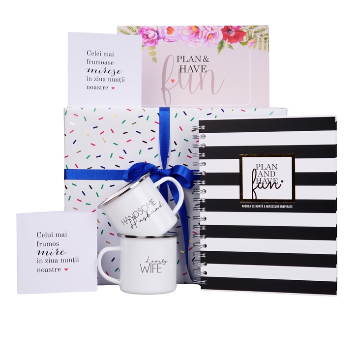 Pachet cadou pentru miri de organizarea nuntii in doi cu Agenda de nunta Lady Cozac, set de cani metalice emailate si set de felicitari de dragoste