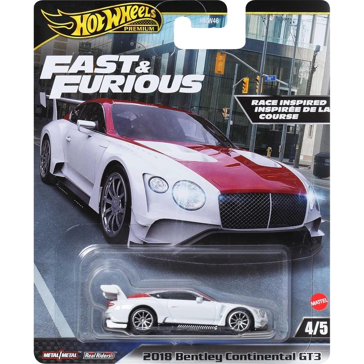 Автомобилен макет, Mattel, 2018 Bentley GT3 Continental, бяло/червено, 1:64, +3 години