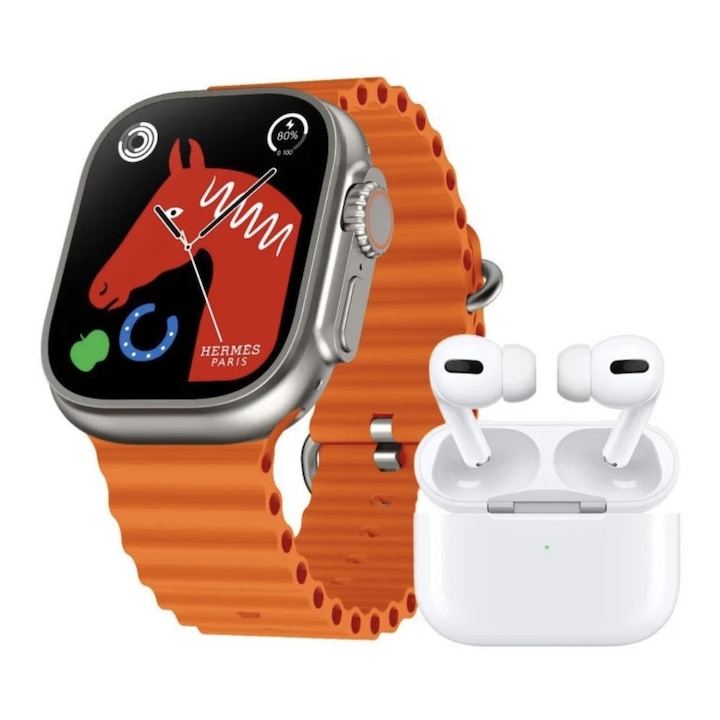 SmartWatch ULTRA 2,22 hüvelykes, +Ajándék WIFI fejhallgató + Extra pánt, Bluetooth hívás, Vezeték nélküli töltő, fém, Hívás- és közösségi hálózati értesítések, Oximeter, Pulzusmérő, Hőmérő, Elektrokardiogram monitorozás