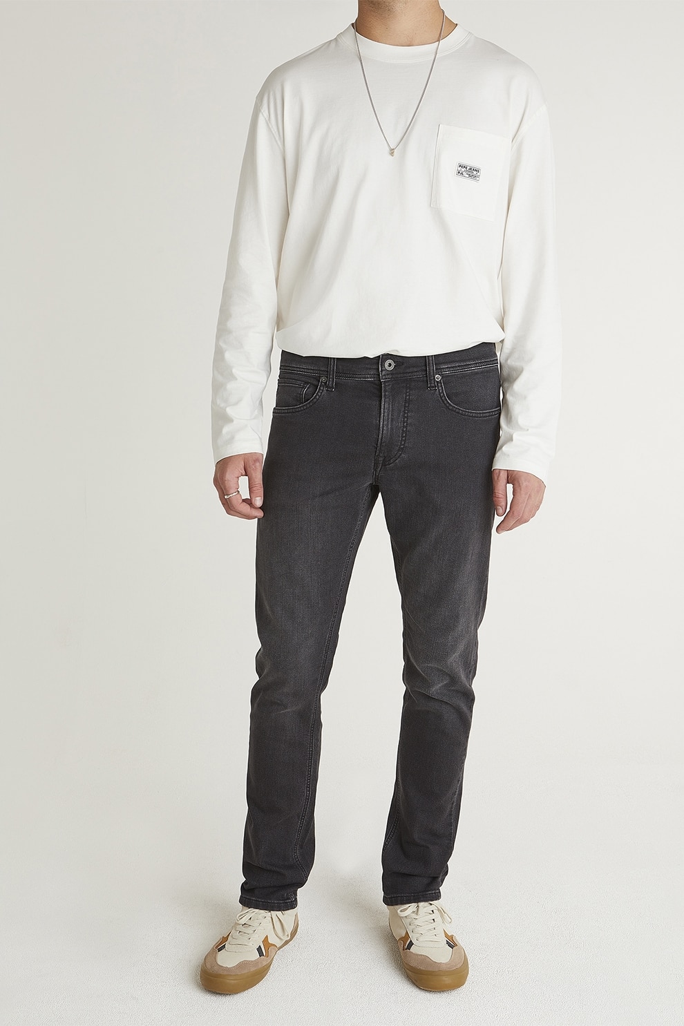 Pepe Jeans London, Blugi slim fit cu model uni, Gri antracit, W32-L32