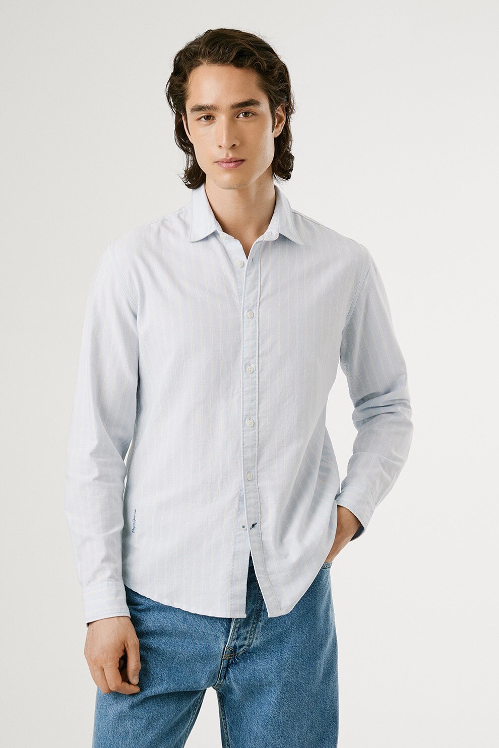 Pepe Jeans London, Camasa in dungi de bumbac, Albastru pal, L