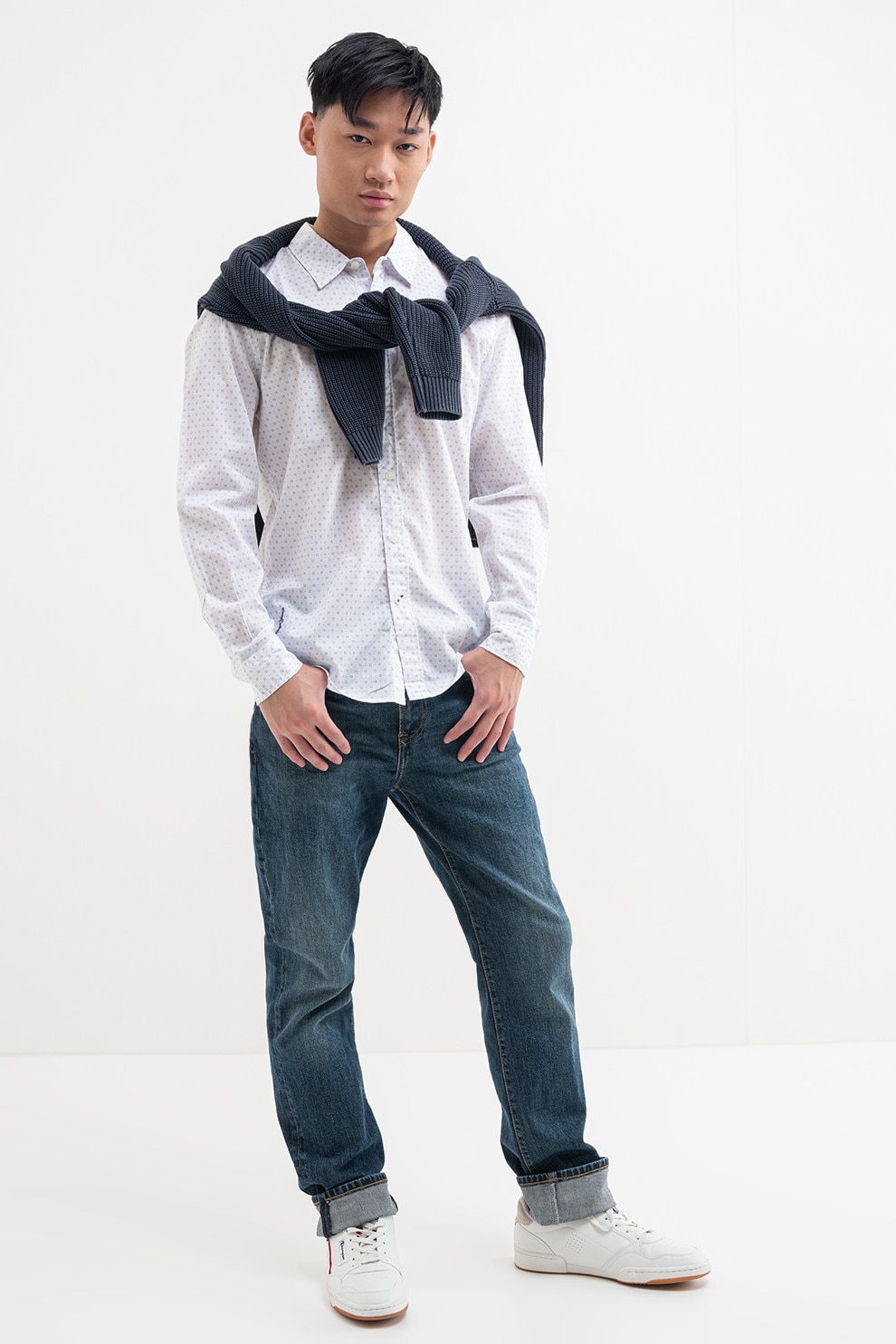 Pepe Jeans London, Camasa de bumbac cu model, Albastru inchis, Alb optic, M