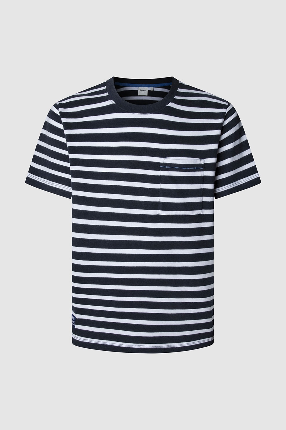 Pepe Jeans London, Tricou de in dungi cu decolteu la baza gatului, Alb, Negru, L