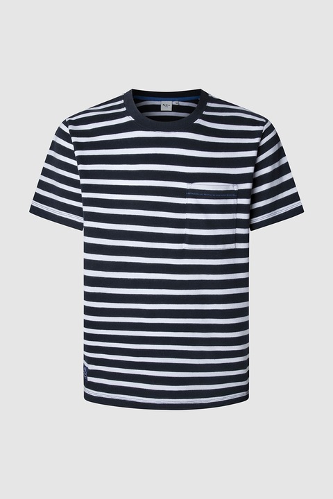 Pepe Jeans London, Tricou de in dungi cu decolteu la baza gatului, Alb/Negru, M