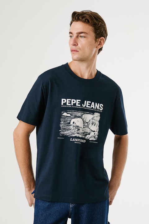 Pepe Jeans London, Tricou regular fit cu imprimeu logo si grafic, Alb/Albastru inchis